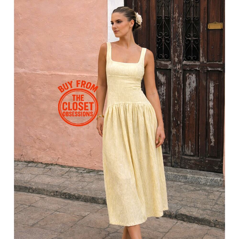 ZARA Yellow Textured Midi Dress NWT Square Neck Open Back Cottagecore Size S - Picture 2 of 16